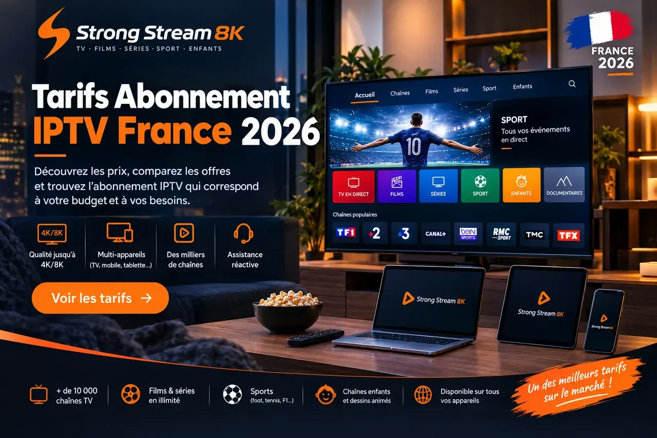 Tarifs abonnement IPTV France 2026 : interface StrongStream8k sur TV, ordinateur portable, tablette et smartphone.