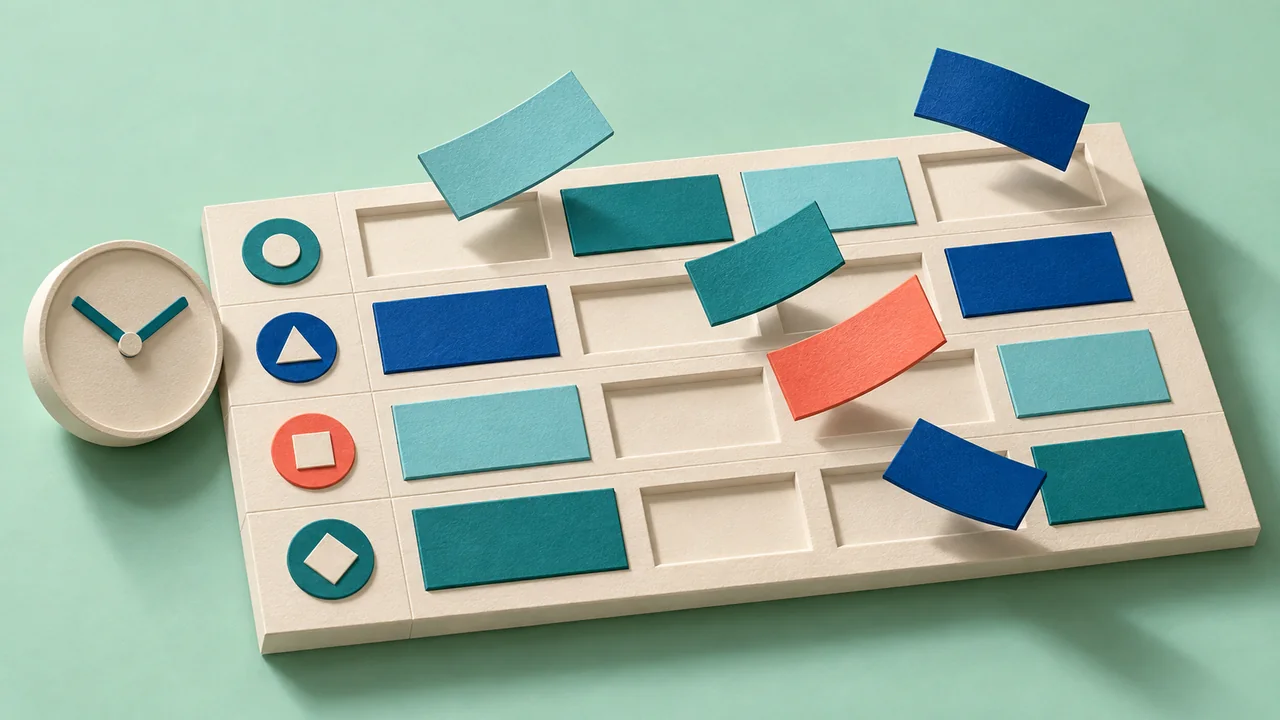 Grille de programmes en papier découpé, avec des cases vides, des tuiles colorées en suspension et une horloge.