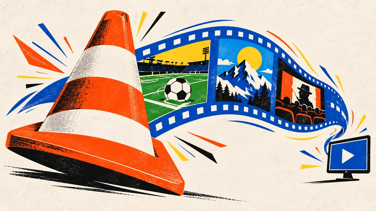 Affiche illustrée avec un grand cône VLC et une pellicule de sport, de paysages et de cinéma reliée à un écran.