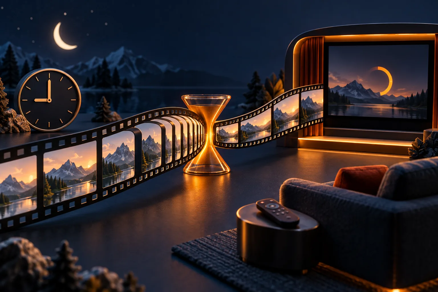 Soirée cinéma miniature bleu nuit et orange : une pellicule ralentit dans un passage étroit avant de rejoindre l’écran, illustration du buffering IPTV le soir
