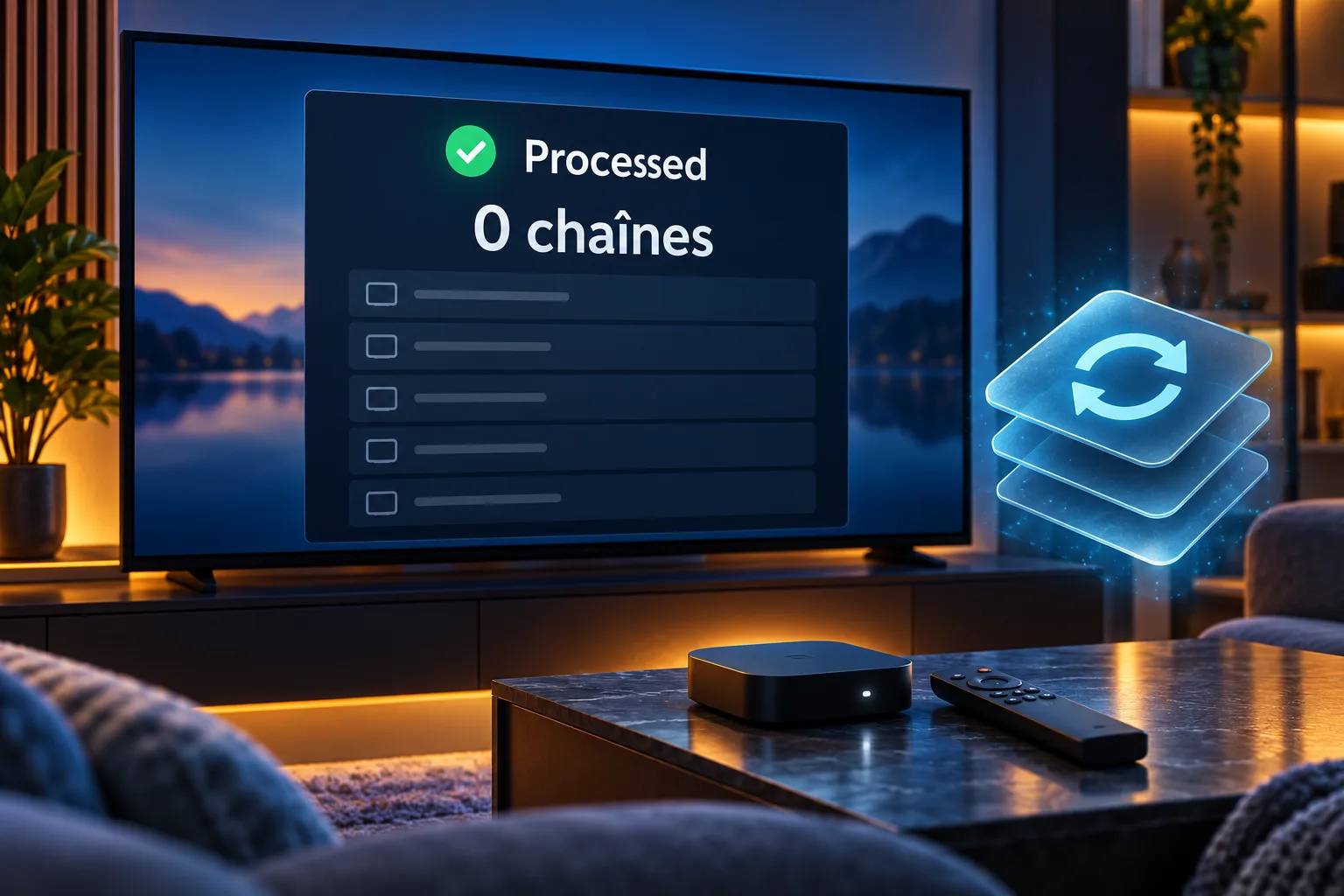 Illustration d’une playlist affichant Processed et 0 chaînes sur une TV, avec un symbole de rafraîchissement du cache
